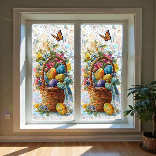 Window Film Mat 39.4 x 17.3 Inch PVC Decorative Easter Basket Window Film Floral Egg Pattern Glass Covering for Home Office Kitchen Bathroom Seasonal Privacy Light Filtering Design