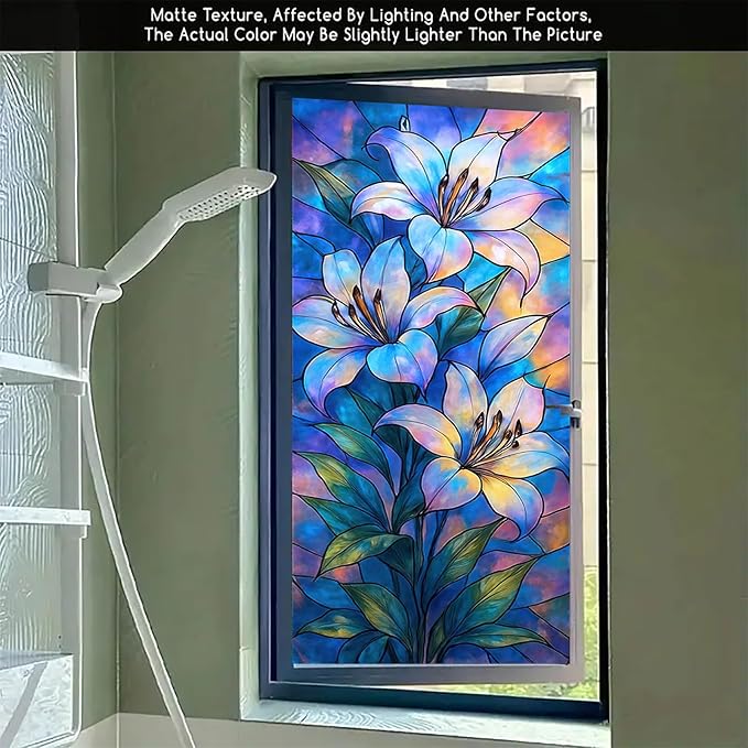 Blue Purple Lily Privacy Film Stained Glass Style Static Cling No Glue Decorative Panel Light Filtering Cover for Door Window Studio 17.7x39.3 inch