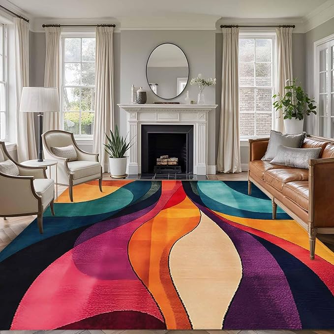 Minimalist Art 5'x7' Area Rugs, Abstract Yellow Blue Color Block Line Washable Area Rugs Non-Slip Indoor Floor Mats Carpet for Living Room Bedroom Dining Room