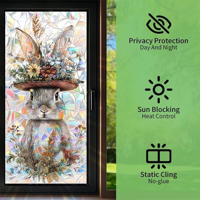 Easter Window Privacy Film 39.4 x 17.3 Inch PVC Bunny Floral Hat Crescent Texture Decorative Glass Covering with Sunlit Glossy Shine for Bathroom Kitchen Living Room Privacy Accent