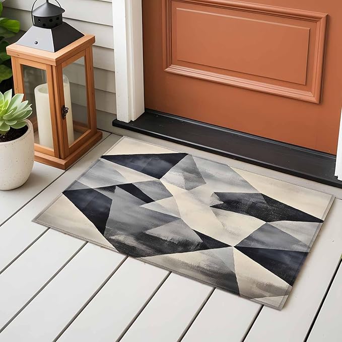 Color Block Entryway Rug 2'x3', Modernism Blue Beige Line Abstract Art Small Area Rug Non-Slip Front Door Mat Washable Floor Carpet for Indoor Entrance Kitchen Bathroom