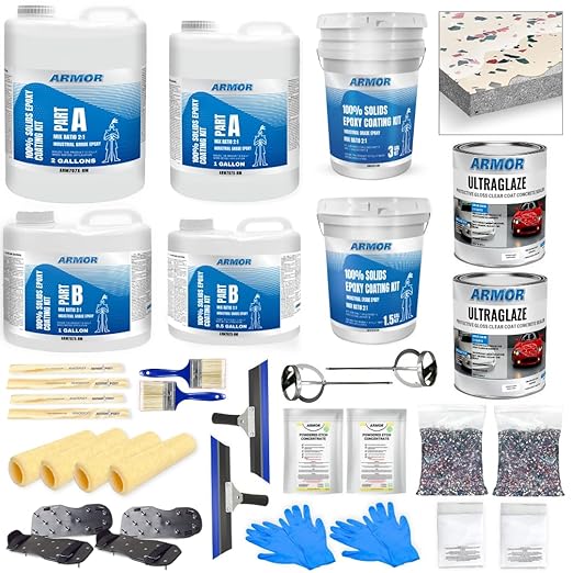 ArmorPoxy Garage Epoxy Floor Kit – 100% Solids - 2 Part Industrial-Grade Coating w/UltraGlaze Topcoat | DIY Slip & Hot Tire Resistant | 900 Sq Ft - Desert Tan - 32 pc kit