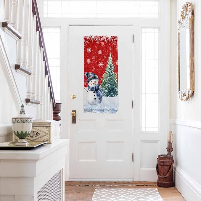 Christmas French Door Curtain Panel for Front Door, Red Pine Tree Christmas Snowman Blue Slidelight Door Curtains with Tieback Light Filtering Privacy Panels for Doorway Entryway 25"x 40"