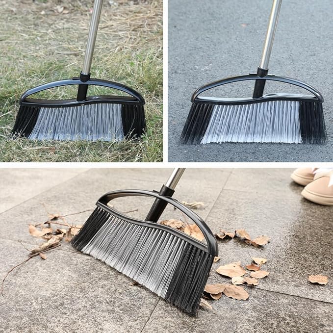 Heavy Duty Outdoor Broom - 15.7" Wide Broom with Long Adjustable Handle & Stiff Bristles for Patio, Garage, Yard, Garden (Black)