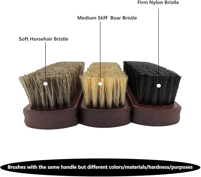 Shoe Cleaning Brush Set of 3 Brushes with Horsehair, Boar and Nylon Bristles, 6" Concaved Handle for Premium Grip, Wooden Sneaker Brush for Leather, Boot, Textile, Bags and Accessories