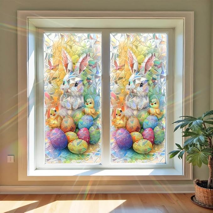Easter Window Film Bunny Chick and Colorful Egg Design Decorative PVC Window Film for Home Kids Room Entryway Adds Festive Privacy and Soft Light Filtering