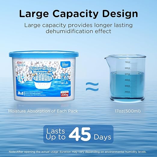 W&E Choice Moisture Absorbers with Ocean Breeze, Dehumidifier for Closet & Bathrooms, Kitchen, Humidity Absorber Odor Eliminator Absorber 6 Pack