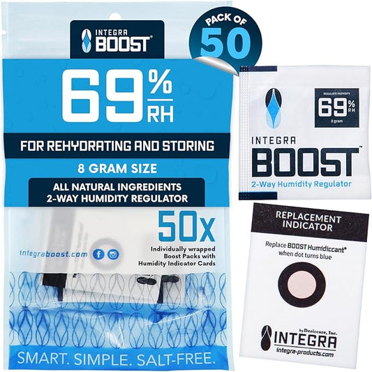 Integra Boost 2-Way Humidity Control Pack - Preserve Flavor & Control Humidity at 69% RH - Moisture Absorber for Herbs, Spices & More - 8 Gram (Pack of 50)