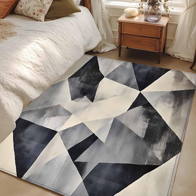 Color Block Area Rugs 2.7'x5', Modernism Blue Beige Line Abstract Art Washable Area Rugs Non-Slip Indoor Floor Mats Carpet for Living Room Bedroom Dining Room