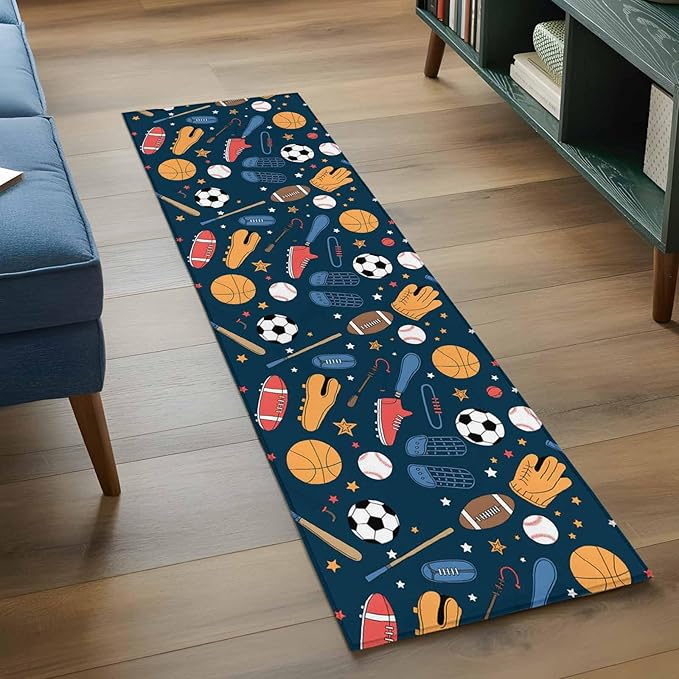 Cartoon Sports Runner Rug 2'x6', Baseball Soccer Basketball Rugby Sneakers Hallway Runner Rugs Washable Non-Slip Bedside Floor Mats Carpet for Kitchen Bedroom Laundry Room Bathroom