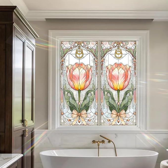 Window Film 17.3 x 39.4 Inch Tulip Stained Glass Inspired Design PVC Decorative Privacy Window Covering for Home Entryway Living Space Artistic Glass Surface Style