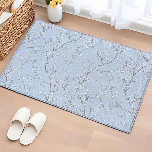 Blue Tree Branch Entryway Rug 2'x3', Retro Classic Art Blue Tree Branches Flower Small Area Rug Non-Slip Front Door Mat Washable Floor Carpet for Indoor Entrance Kitchen Bathroom