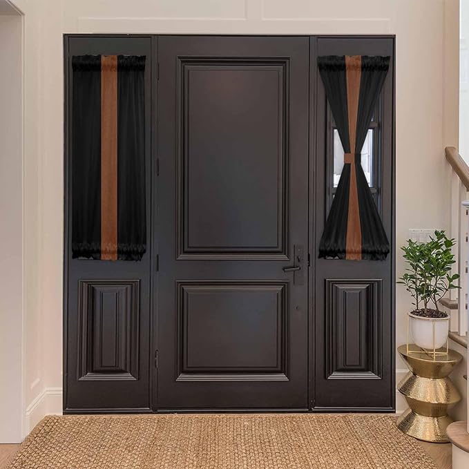 French Door Curtain Panel for Front Door, Boho Farmhouse Leather Texture Brown Dark Blue Slidelight Door Curtains with Tieback Light Filtering Privacy Panels for Doorway Entryway 25"x 40"