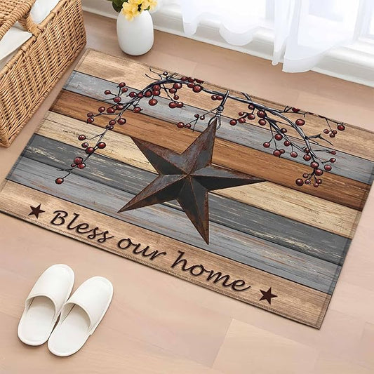 Country Stars Entryway Rug 2'x3', Vintage Rust Black Star Berry Brown Light Blue Wood Grain Small Area Rug Non-Slip Front Door Mat Washable Floor Carpet for Indoor Entrance Kitchen Bathroom