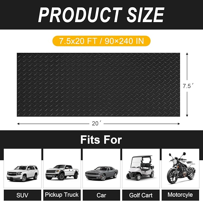 7.5x20 FT Garage Floor Mat, 2.8mm Thickened Flooring Roll Under Car Mat with 20Pcs Tapes, Diamond Plate, Non-Slip Floor Protector Mat for Trailer, Garage, Warehouse, Gyms, Trailer, Matte Black