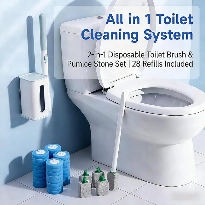 2-in-1 Toilet Cleaning Kit: Disposable Toilet Brush with 24 Refills & Pumice Stone Scrubber with 4 Stones, Wall Mounted Holder, No-Touch Cleaning for Toilets, Sink