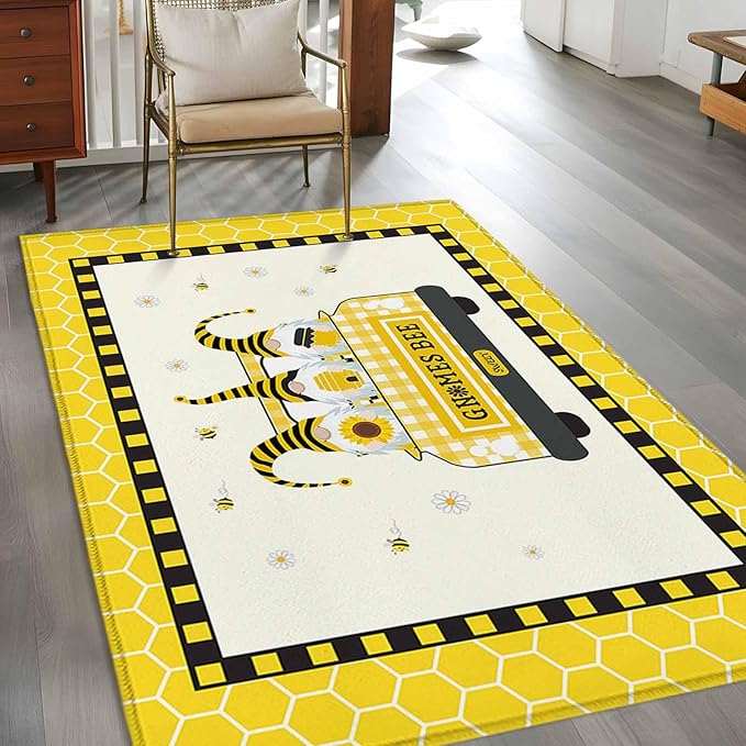 Honey Gnomes 4'x6' Area Rugs, Bees Hive Sunflower Truck Washable Area Rugs Non-Slip Indoor Floor Mats Carpet for Living Room Bedroom Dining Room
