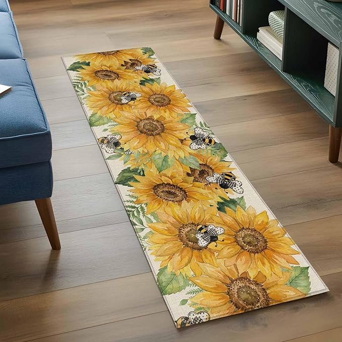 Watercolor Sunflower Cartoon Farmhouse Bee Linen Texture Runner Rug 2'x6', Hallway Runner Rugs Washable Non-Slip Bedside Floor Mats Carpet for Kitchen Bedroom Laundry Room Bathroom