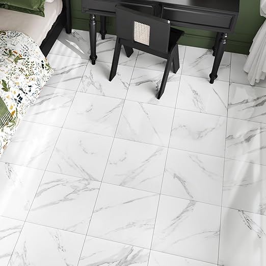 Wallercity 6PCS White Marble Peel and Stick Floor Tiles Waterproof Removable Bathroom Tile Stickers Durable Vinyl Flooring Modern Self Stick Floor Tile Sheets for Bedroom Living Room Kitchen 12''x12''