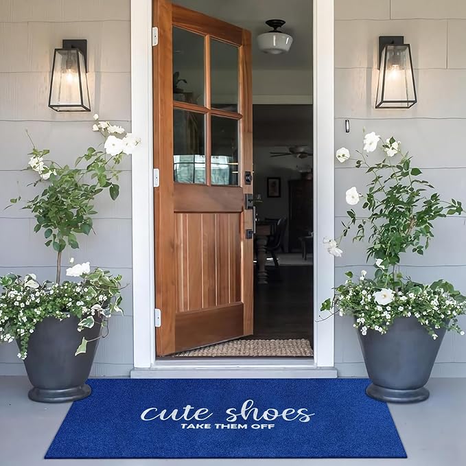 Entry Door Mat for Entryway Cute Shoes Take Them Off Sign Welcome Mats for Front Doormat Funny Inside Doormats for Home Entrance House Rustic Farmhouse Floor Mats 47" x 18" Blue