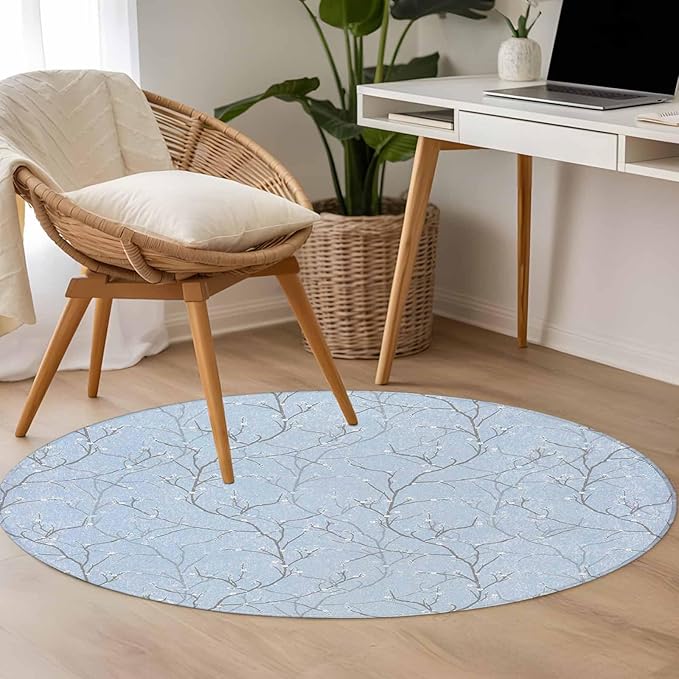 Blue Tree Branch Round Rug 3.3 Ft, Retro Classic Art Blue Tree Branches Flower Samll Area Rugs Washable Non Slip Indoor Floor Mats Circle Carpet for Living Room Bedroom Dining Room Home