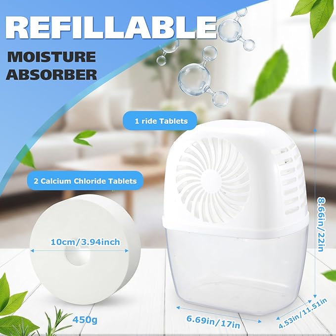 VIHOSE Moisture Absorber Dehumidifier Box with 2 Refill Moisture Absorb Tablets Fragrance-Free Calcium Chloride Humidity Remover for Closet Bathroom Kitchen Basement Storage 18.6 oz/ 550 ml Capacity