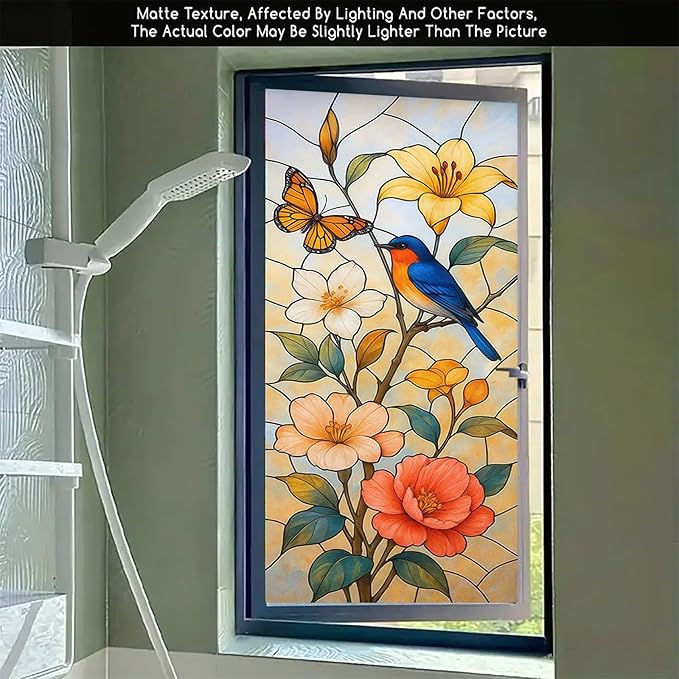 Bird Flower Butterfly Privacy Film Stained Glass Style Static Cling No Glue Decorative Panel Light Filtering Cover for Kitchen Door Balcony 17.7x39.3 inch