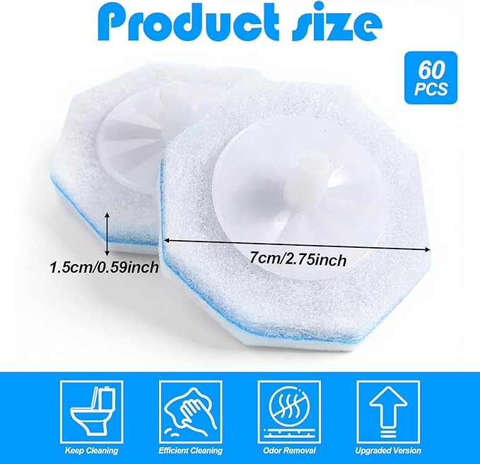 60 Counts Disposable Toilet Wand Refills Compatible with Most Bowl Brush Wand, Toilet Bowl Cleaner Refill Pads, Disposable Bathroom Toilet Brush Scrubber for Deep Cleaning Stain Removal