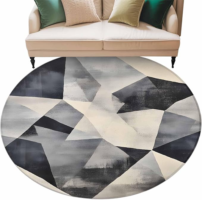 Color Block Large Round Rug 8Ft, Modernism Blue Beige Line Abstract Art Circle Area Rugs Washable Non Slip Indoor Floor Mats Carpet for Living Room Bedroom Dining Room Home Decor