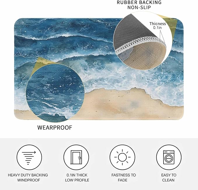 Abstract Waves Doormat Blue Ocean Spray Beach Watercolor Non Slip Low Profile Rubber Door Mat Washable Absorbent Indoor Front Door Mat Entryway Rug Entrance Carpet 16x24 Inch