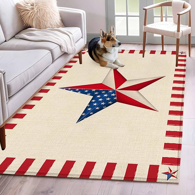 Farmhouse American Flag Pentagram 4'x6' Area Rugs, Washable Area Rugs Non-Slip Indoor Floor Mats Carpet for Living Room Bedroom Dining Room