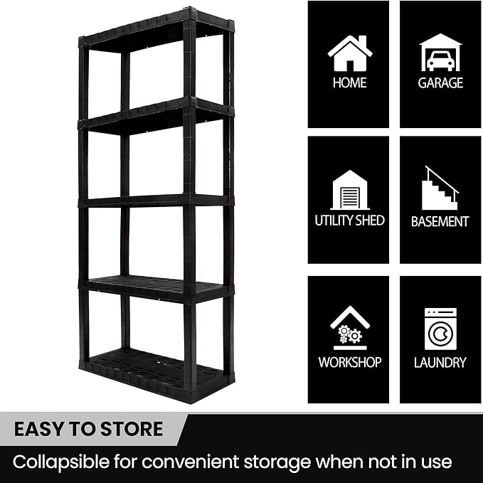 Oskar Heavy Duty Plastic Storage Shelves- for Garage, Kitchen, Bathroom Basement Kids Room, Stackable 5-Tier Black, Organizer Rack for Books Shoes, Toys, Pantry, Cleaning and Closet Organization