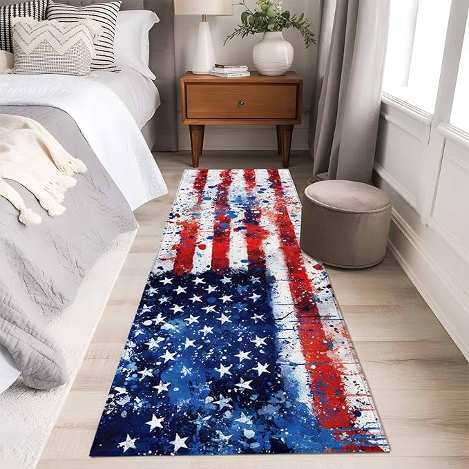 Mottled Red Blue White Stars Painted Flag Runner Rug 2'x6', Hallway Runner Rugs Washable Non-Slip Bedside Floor Mats Carpet for Kitchen Bedroom Laundry Room Bathroom