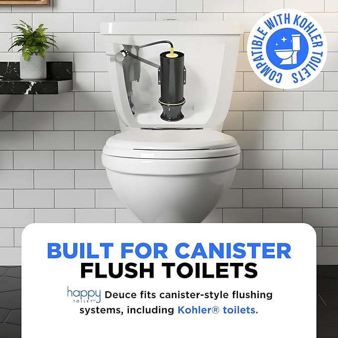 Happy Toilet Cleaner Deuce - Compatible with Kohler Toilets & Canister Flushing Systems - Automatic Toilet Bowl Cleaner Toilet Tablet Holder & 12-Pack Ultra-Strength Cleaner Tablets