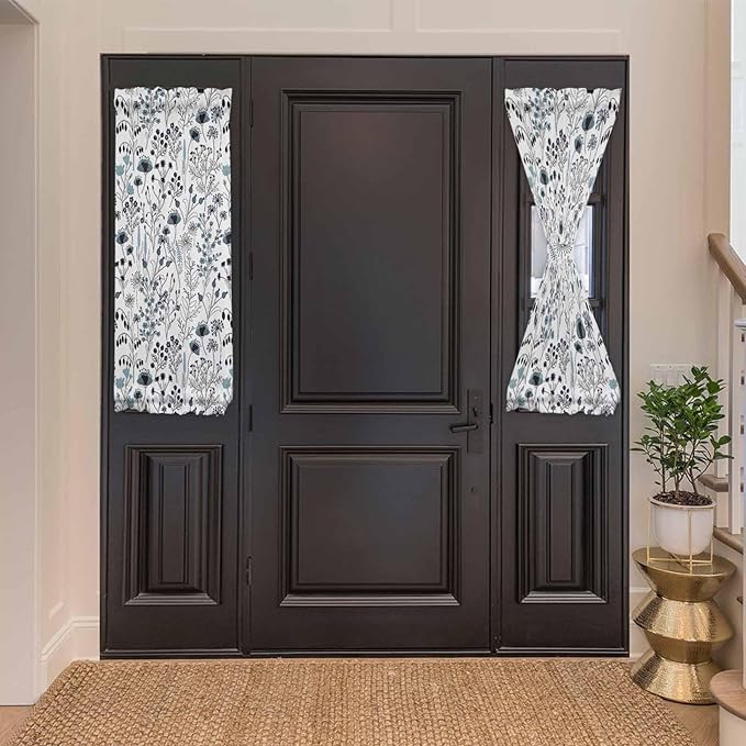 French Door Curtain Panel for Front Door, Blue Black Hand-Drawn Lines Wildflowers Slidelight Door Curtains with Tieback Light Filtering Privacy Panels for Doorway Entryway 25"x 40"