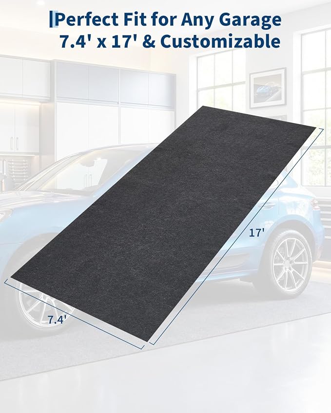 Heavy Duty Garage Mat 7.4'X17', Waterproof Floor Cover with PE Leak-Proof Backing, Slip-Resistant Felt Surface Protects Against Water Snow Mud Oil, Easy to Clean & Trim for Workshop, Driveway, or Gara