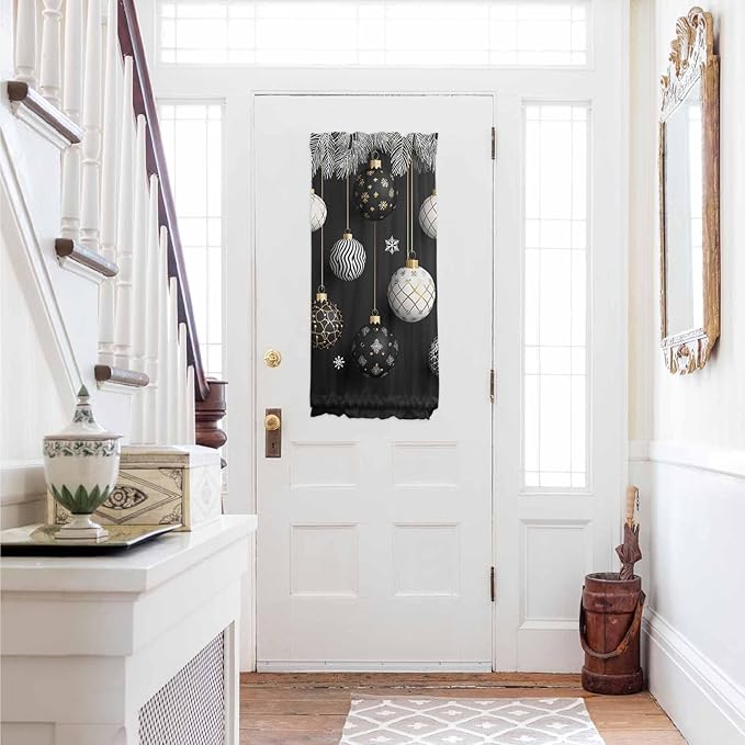 Christmas French Door Curtain Panel for Front Door, Black White Christmas Ornaments Pine Needle Slidelight Door Curtains with Tieback Light Filtering Privacy Panels for Doorway Entryway 25"x 40"