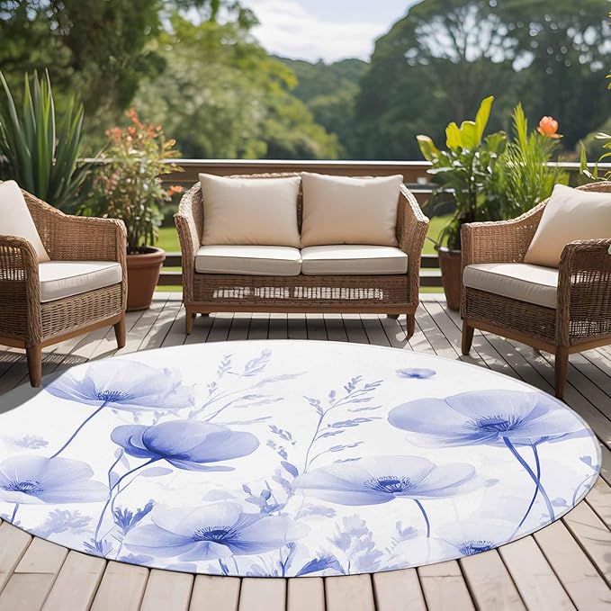 Flower Round Rug 5 Ft, Blue Circle Area Rugs Washable Non Slip Indoor Floor Mats Carpet for Living Room Bedroom Dining Room Home Decor