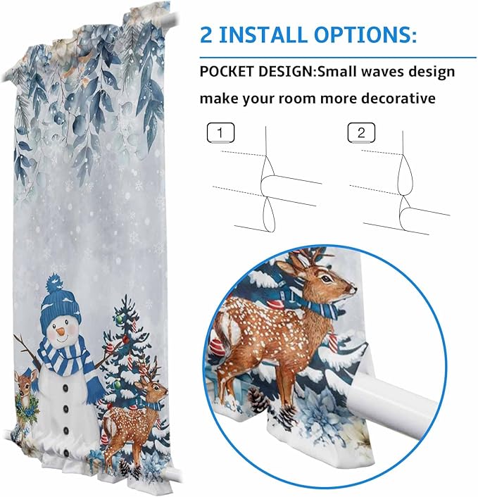 Christmas French Door Curtain for Front Door, Poinsettia Botanical Leaves Xmas Tree Deer Snowman Light Blue Slidelight Door Curtains with Tieback Light Filtering Privacy Panel for Entryway 25"x 40"
