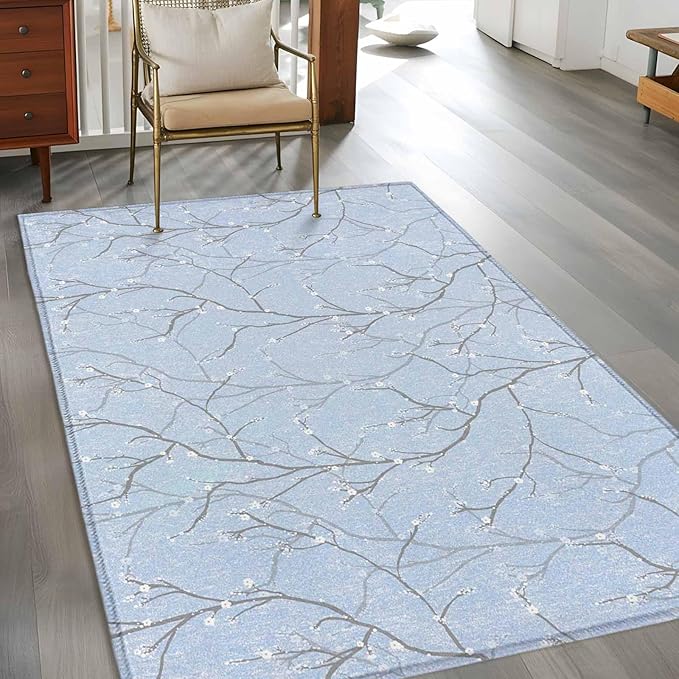 Blue Tree Branch Area Rugs 2.7'x5', Retro Classic Art Blue Tree Branches Flower Washable Area Rugs Non-Slip Indoor Floor Mats Carpet for Living Room Bedroom Dining Room