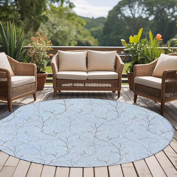 Blue Tree Branch Large Round Rug 8Ft, Retro Classic Art Blue Tree Branches Flower Circle Area Rugs Washable Non Slip Indoor Floor Mats Carpet for Living Room Bedroom Dining Room Home Decor