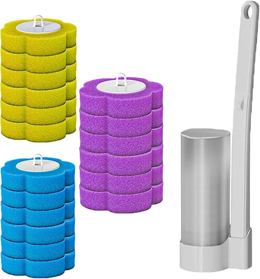 Disposable Toilet Brush and Holder Kit, Wall-Mounted Toilet Cleaning System with 18Pcs Pre-Soaked Cleaner Refills for Bathroom Deep Cleaning (Toilet Brush+18pcs Tri Replacement Head)