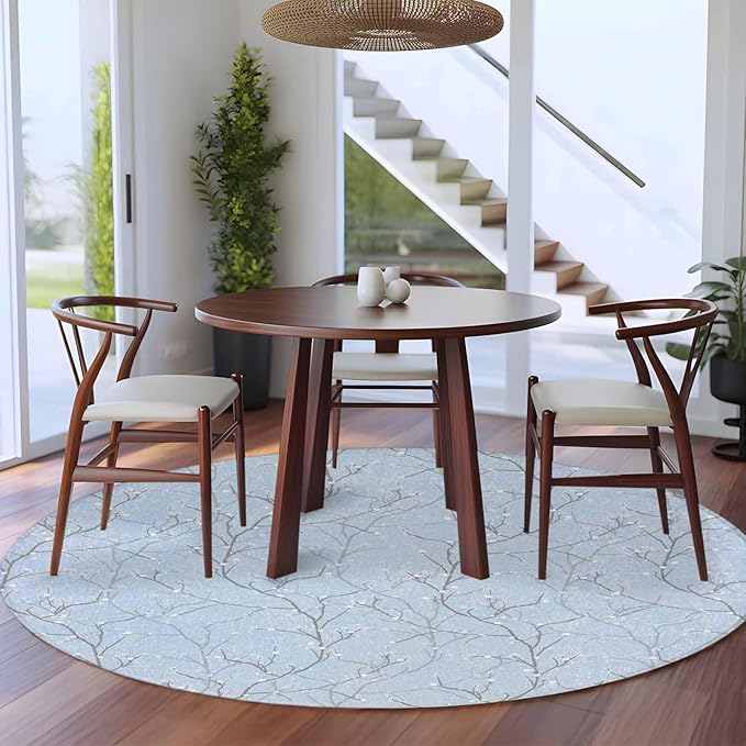 Blue Tree Branch Round Rug 5 Ft, Retro Classic Art Blue Tree Branches Flower Circle Area Rugs Washable Non Slip Indoor Floor Mats Carpet for Living Room Bedroom Dining Room Home Decor