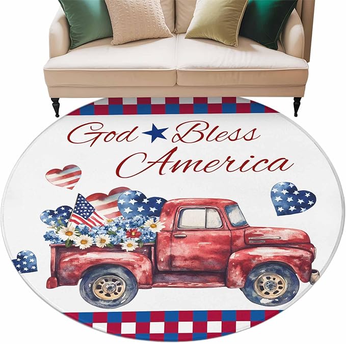 Red Truck USA Flag Stars Large Round Rug 7Ft, God Bless America Circle Area Rugs Washable Non Slip Indoor Floor Mats Carpet for Living Room Bedroom Dining Room Home Decor