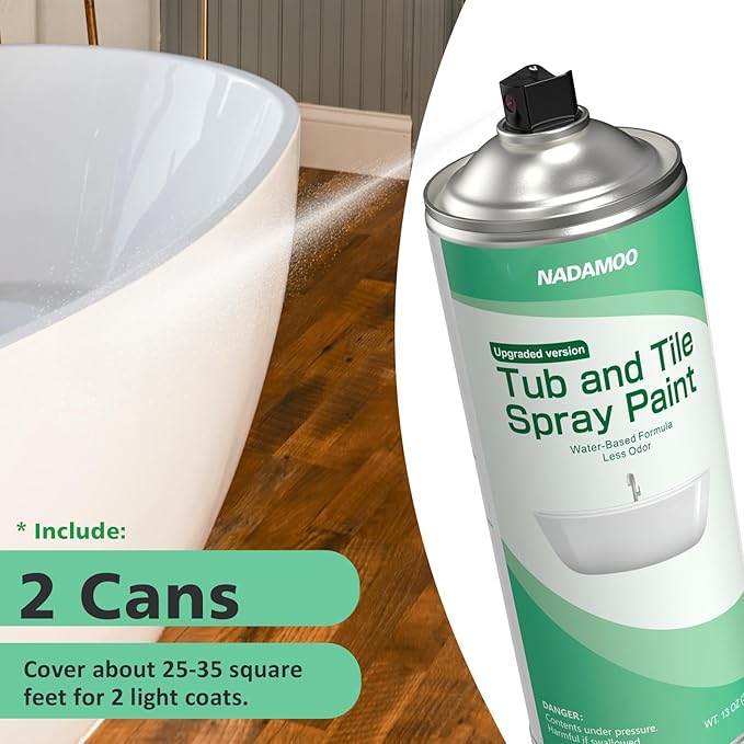 NADAMOO Water-Based Tub and Tile Spray Paint, Less Irritating Odor Aerosol Refinishing Paint for Bathroom Porcelain Bathtub Sink, 2 Cans, Semi-Gloss White
