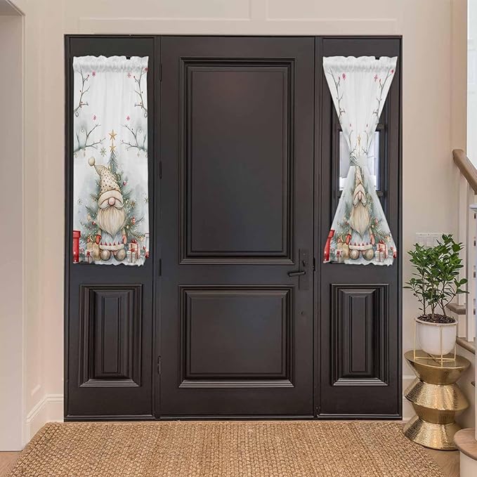 Christmas French Door Curtain Panel for Front Door, Watercolor Christmas Tree Branch Dwarf Boxes Slidelight Door Curtains with Tieback Light Filtering Privacy Panels for Doorway Entryway 25"x 40"