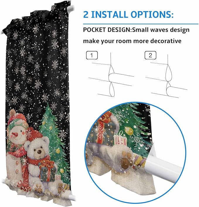 Christmas French Door Curtain Panel for Front Door, Black Retro Snow Bear Doll Christmas Slidelight Door Curtains with Tieback Light Filtering Privacy Panels for Doorway Entryway 25"x 40"