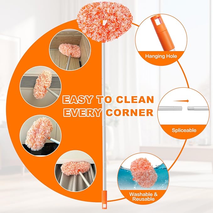 Ceiling Fan Cleaner Duster Reusable Microfiber Ceiling Fan Blade Cleaner Removable Duster with Extension Pole Adjusts 13 to 49.7 Inch for Cleaning Walls Furniture Door Window Top (Orange White)