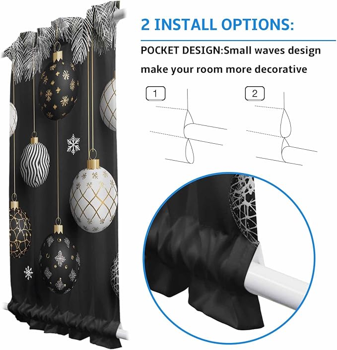 Christmas French Door Curtain Panel for Front Door, Black White Christmas Ornaments Pine Needle Slidelight Door Curtains with Tieback Light Filtering Privacy Panels for Doorway Entryway 25"x 40"