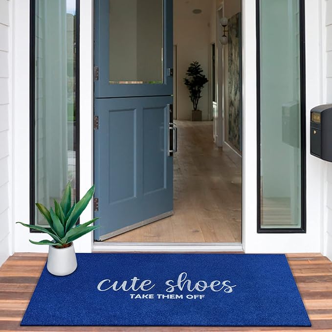 Entry Door Mat for Entryway Cute Shoes Take Them Off Sign Welcome Mats for Front Doormat Funny Inside Doormats for Home Entrance House Rustic Farmhouse Floor Mats 47" x 18" Blue